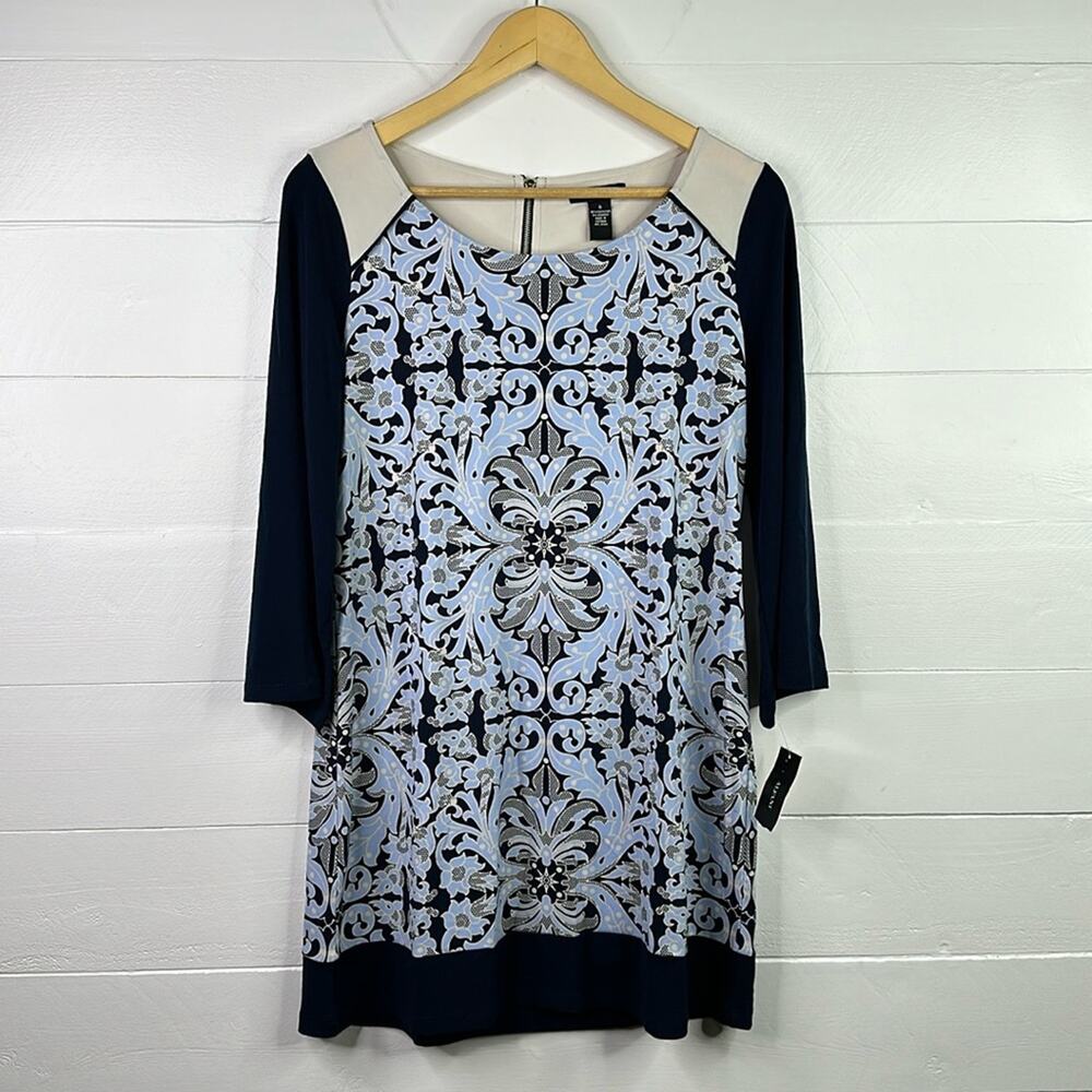 ALFANI Blue Cream Lace Overlay Zipper Back 3/4 Sleeve Mini Tunic Dress Small‎